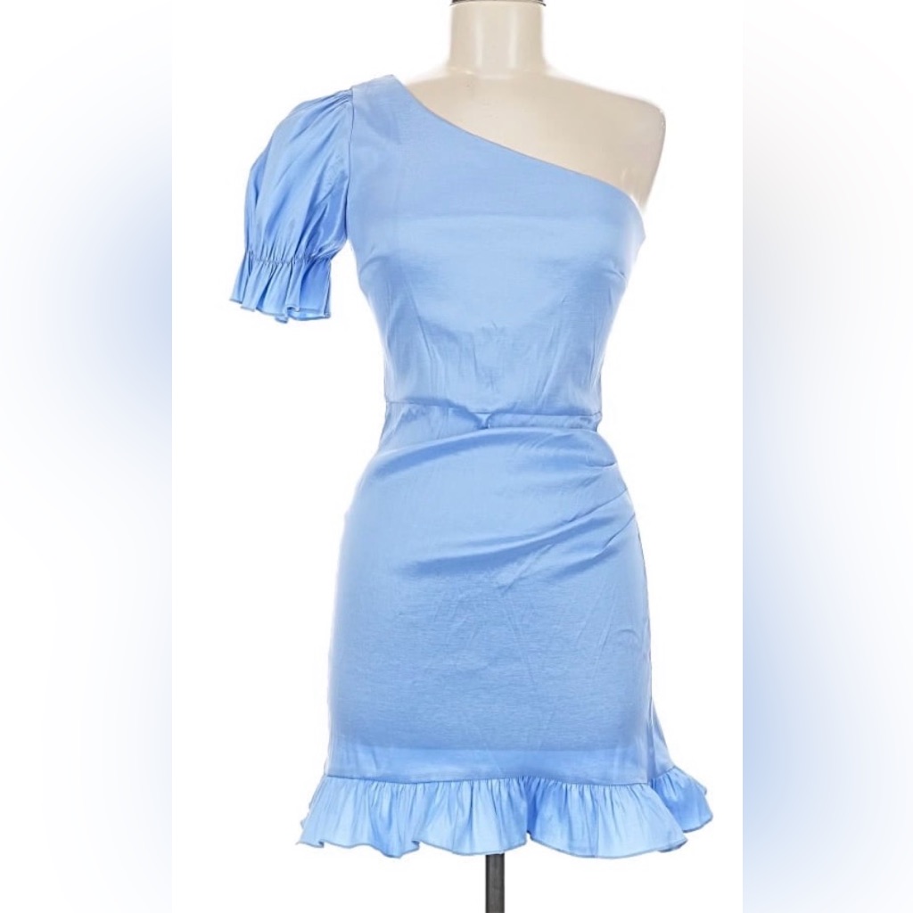 B Darlin Shimmering Blue One-Shoulder, Ruffle Hem, Puff Sleeve Dress